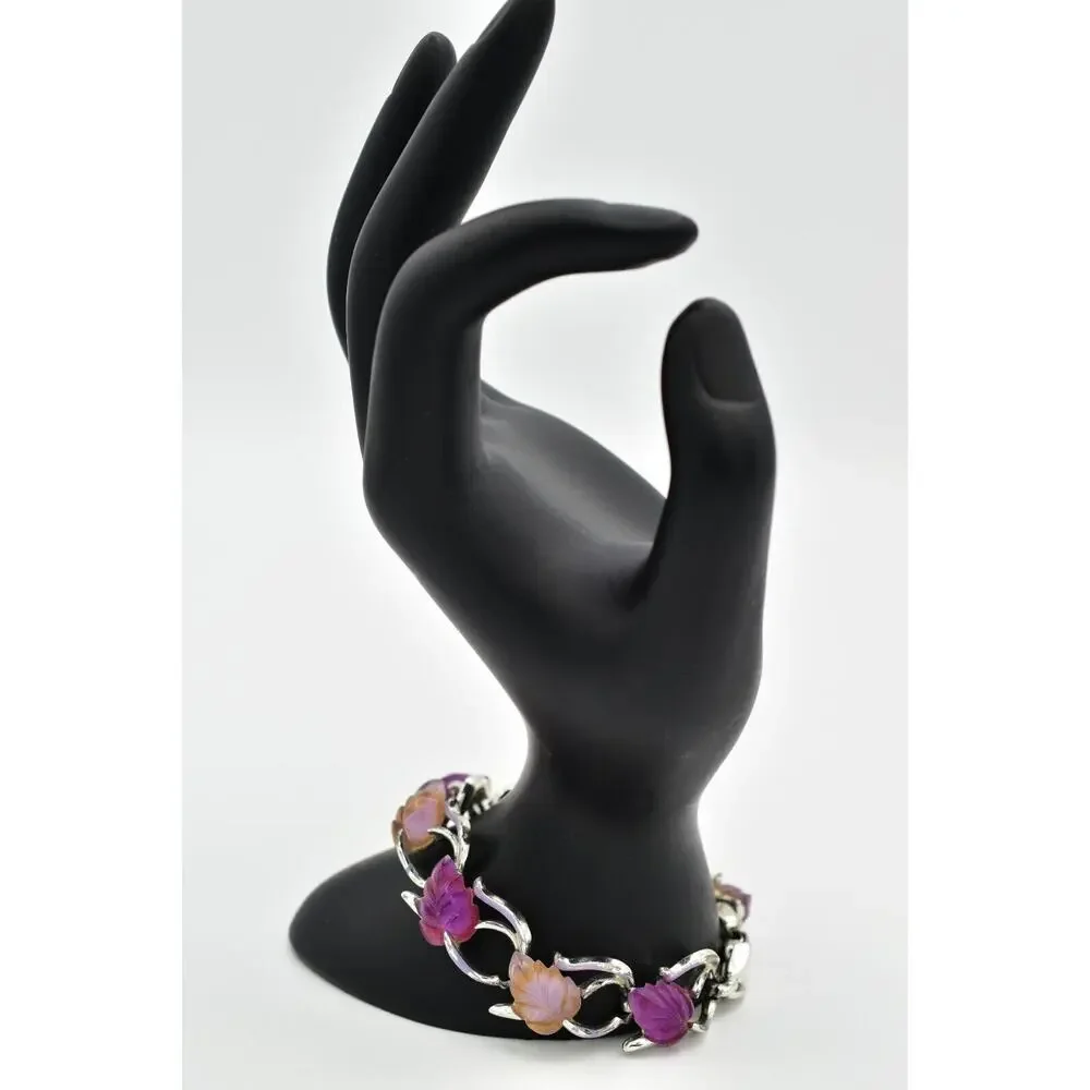 Star Vintage Choker Bracelet Purple Lucite Leaf Silver Chunky Signed 1940s BinAW
